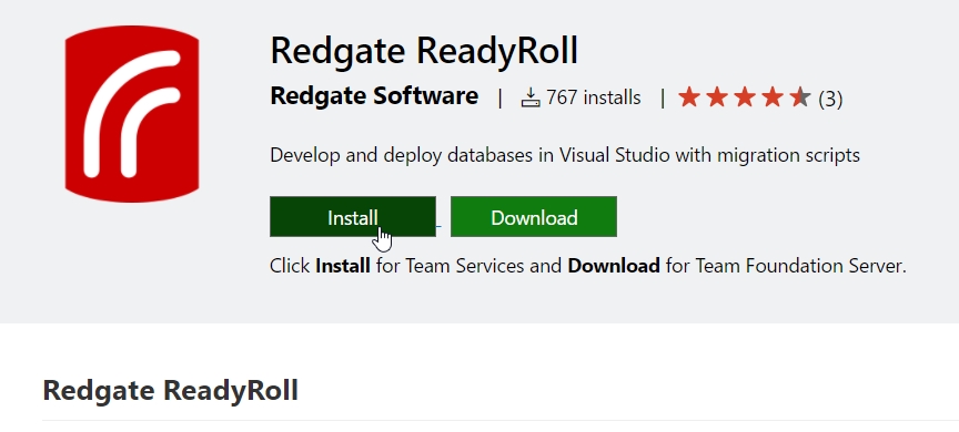 The Install page displays for Redgate ReadyRoll, and the Install button is selected.